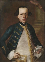 Hip imagem de um cavalheiro de azul Justaucorps e branco Gilet, segurando uma lata nas mãos